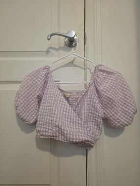 Lilac Gingham Puff-Sleeve Wrap Crop Top - Sim & Sam